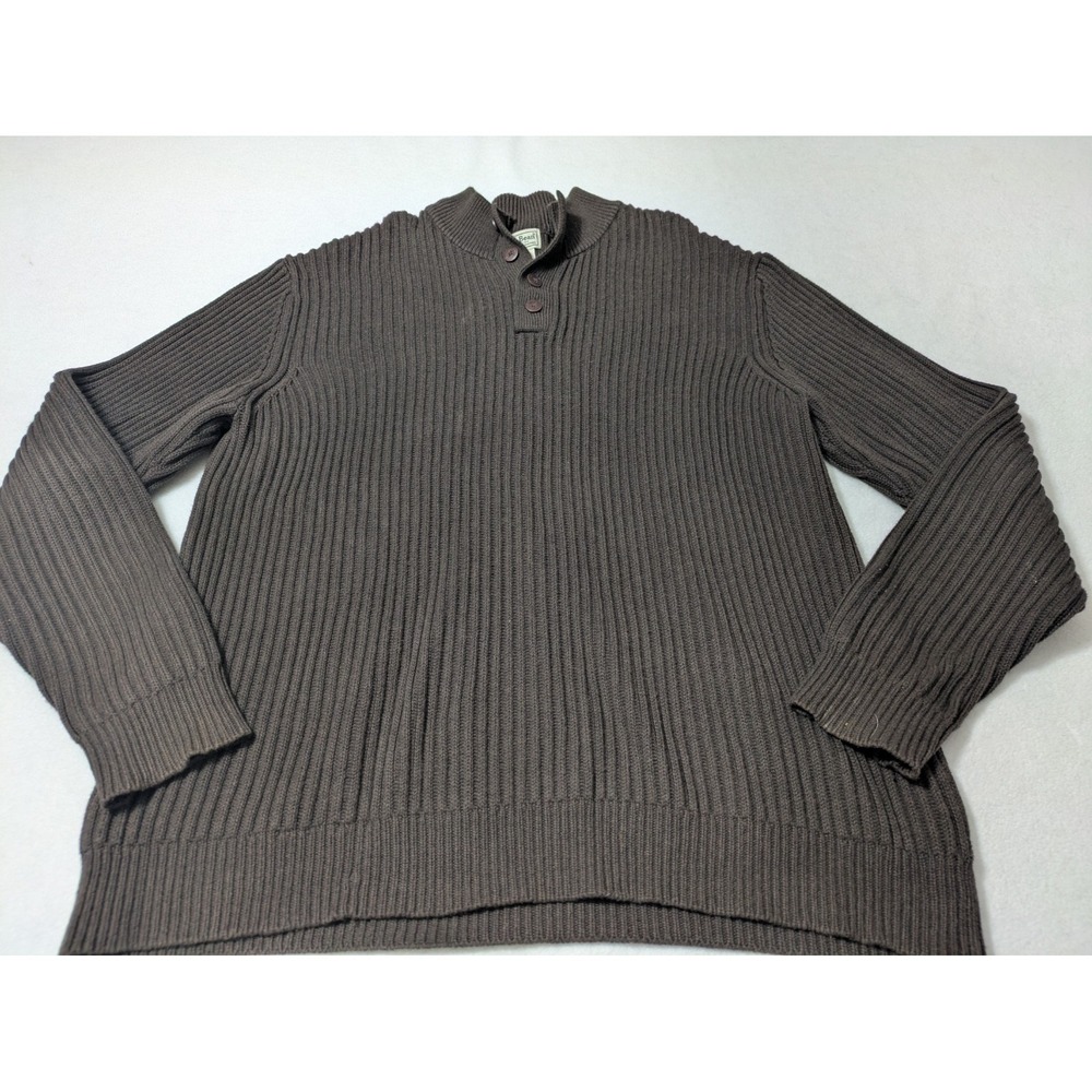 LL Bean Ribbed Heavy Knit Sweater Brown Henley Cotton Long Sleeves Men's XL Tall
